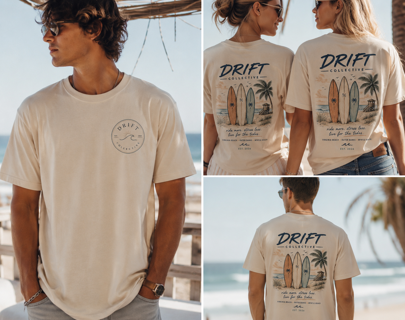 Editorial collage showing front and back views of a Drift Collective tee