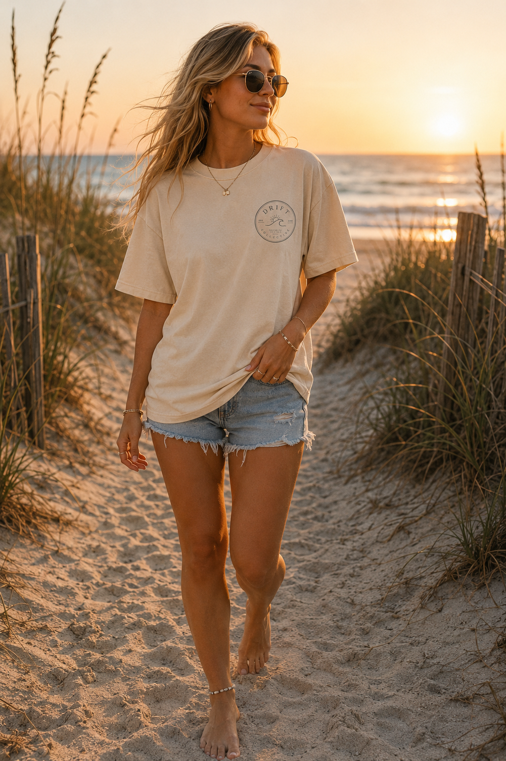 Model walking barefoot through dunes at sunset wearing a cream Drift Collective tee with the front chest logo